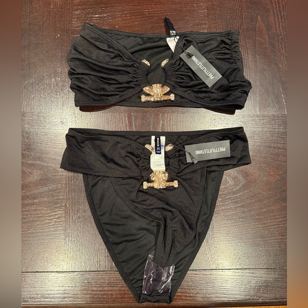 PrettyLittleThing Black High Waist Bikini Bottoms and top to match
